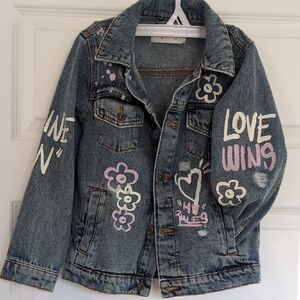 Stylish Kids Denim Jacket with Floral and Love Wins Design